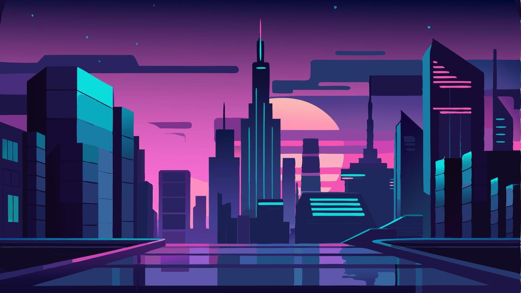 Futuristic City in the Style of Cyberpunk. Illustration in Retro Style in Neon Colors. Night City of the Future Template vector