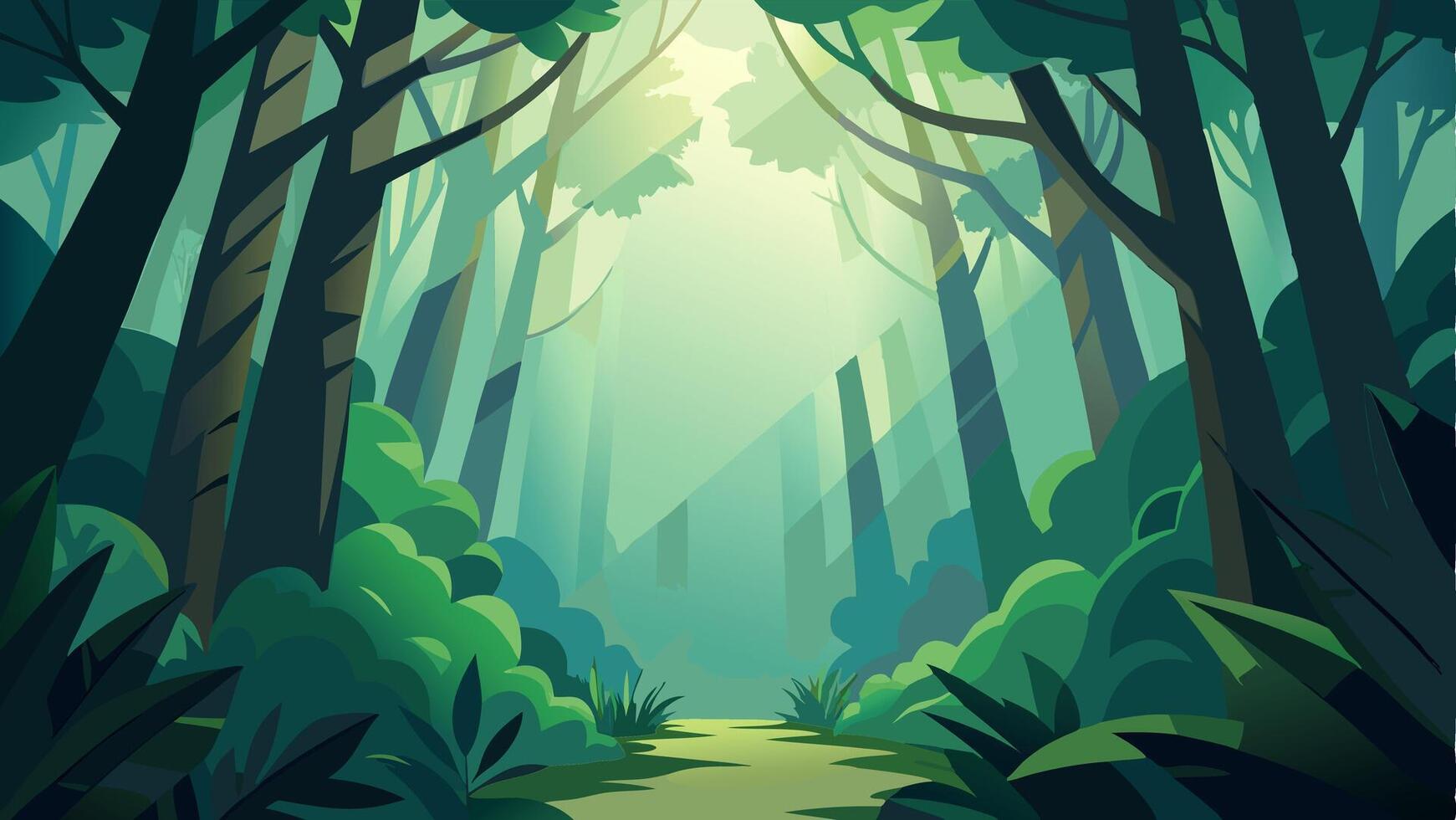Green Jungle Nature Background with lots of Tress, Plants and Sun Rays Touching the Plants and Trees. vector