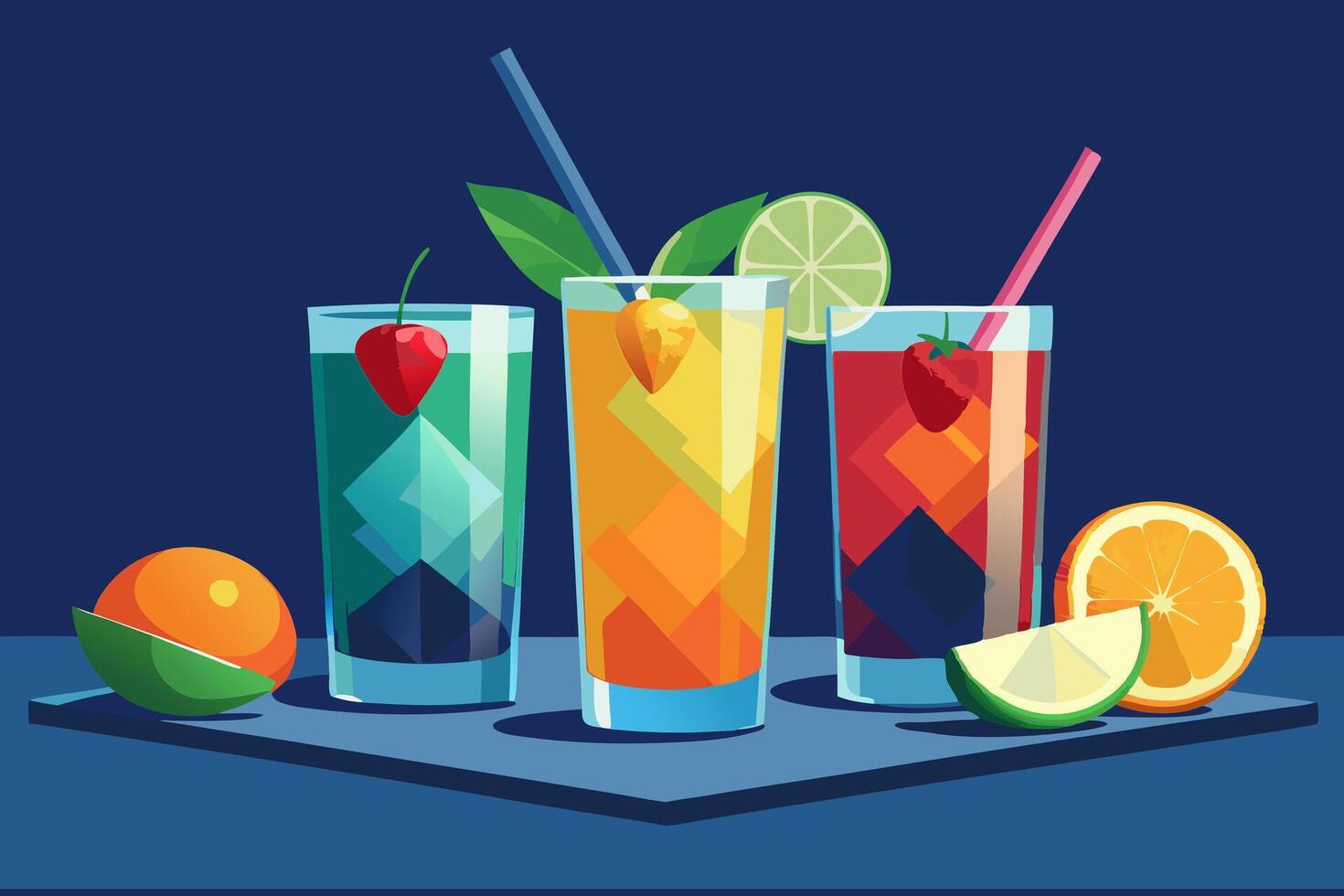 3D Realistic Group of Cocktail Glasses with Lemons and other extra Flavors with lots of Ice. Colorful Design Flat Illustration vector