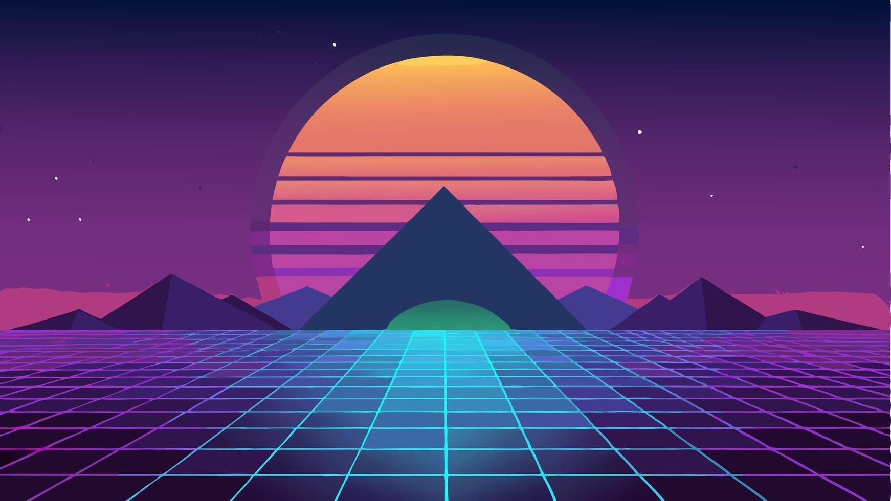 Vaporwave Retro Futuristic 80's Synthwave Landscape with Big Sun Background. 3D illustration Render vector