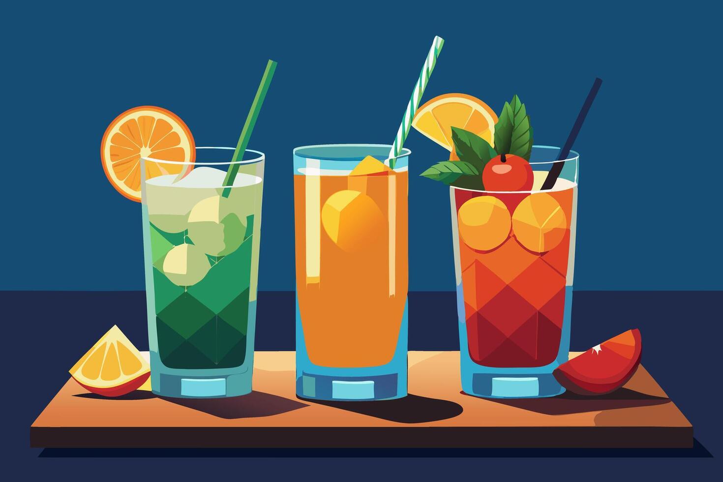 3D Realistic Vibrant and Refreshing Collection of Cocktail Glasses Overflowing with Ice, Zesty Lemons, and a Medley of Unique Flavors Flat Illustration vector
