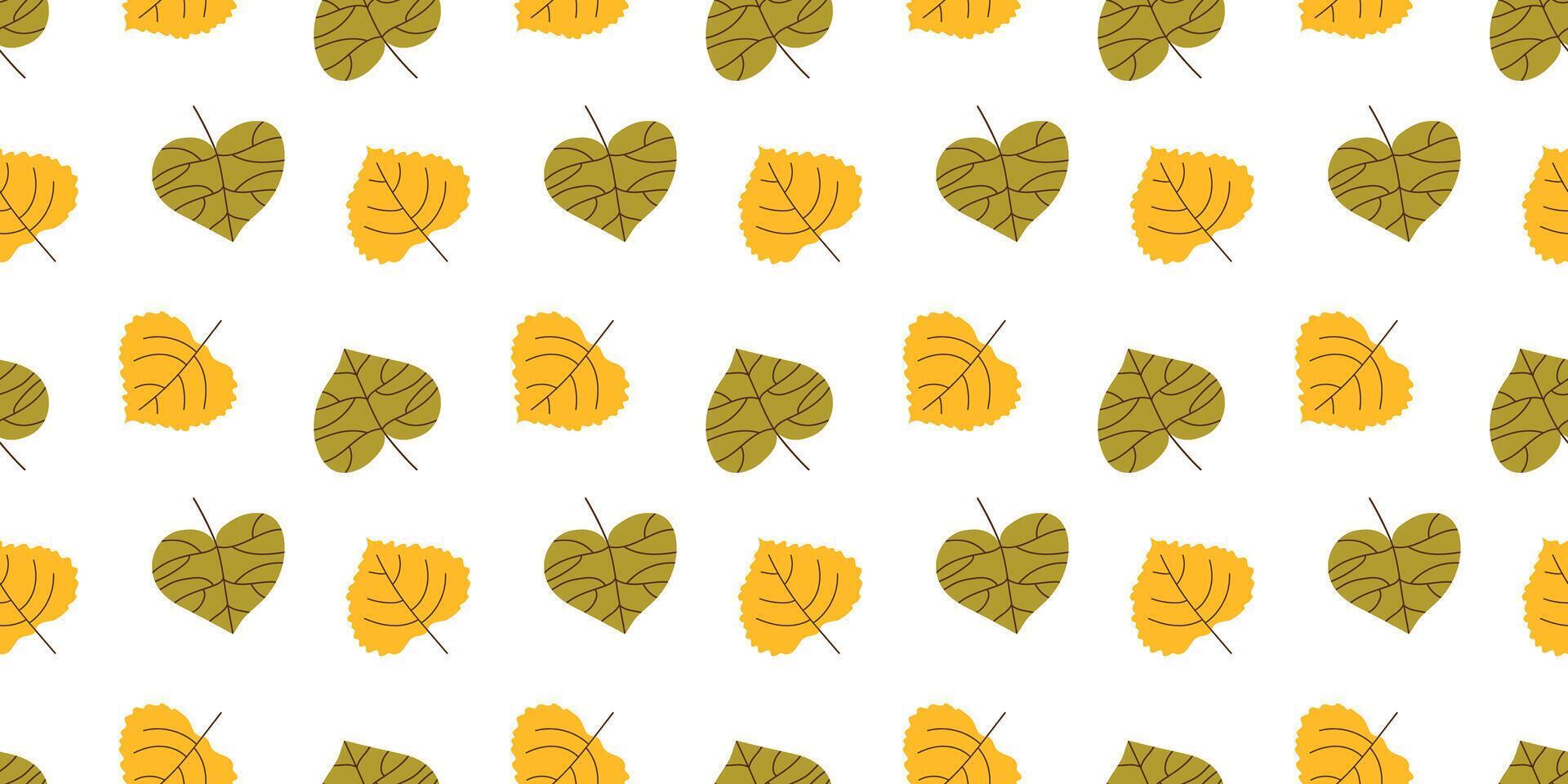 Floating yellow and green autumn leaves create a seamless pattern for postcards and posters. Simple minimalist tree parts are hand drawn and arranged in a chaotic manner. vector