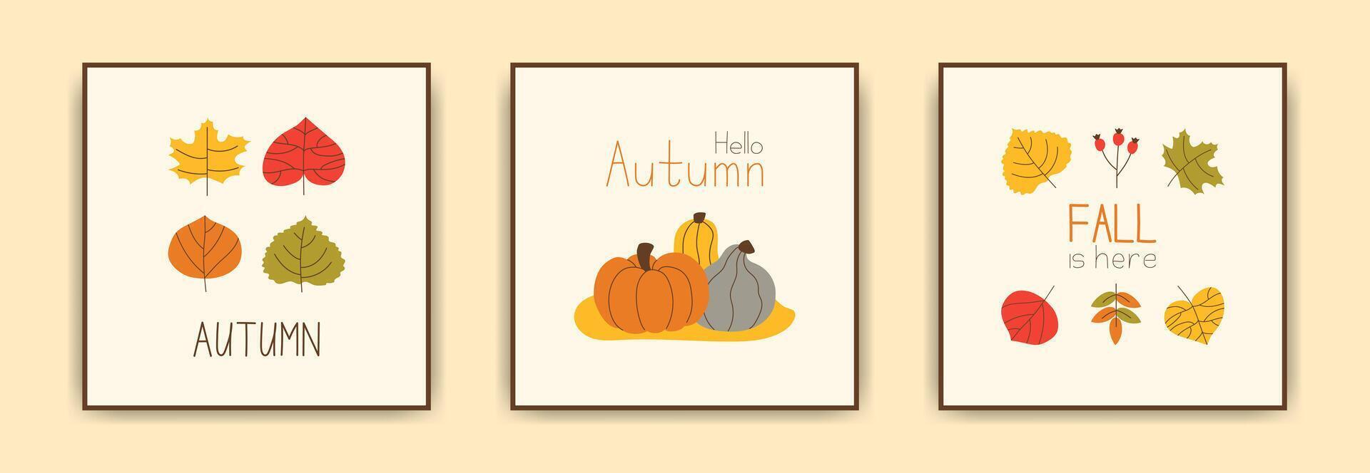 Minimalist autumn greeting square card, poster, cover, with bright hand drawn leaves. Handwritten text with editable stroke. Fall print collection, Sale flyer design. Simple Pumpkins and foliage vector