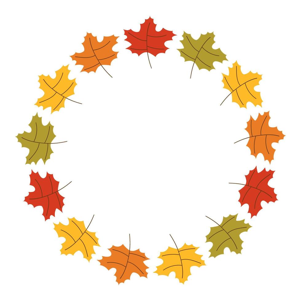 Maple Autumn leaves wreath illustration for decoration on nature and Thanksgiving festival. Simple hand drawn round frame for text. Bright circle border for Fall season vector