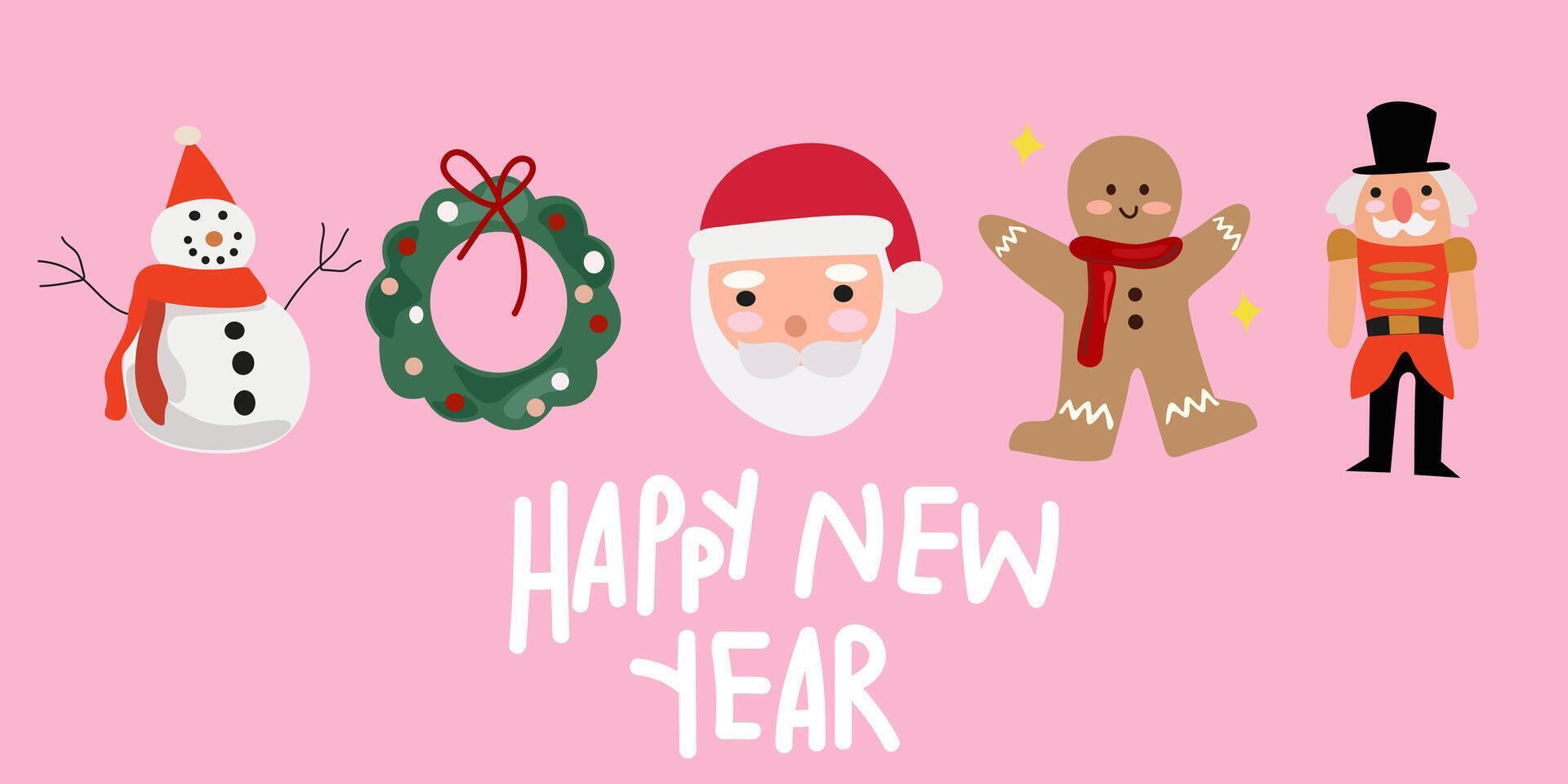 Merry Christmas and Happy New Year element . Christmas wreath, snowman, gingerbread man, Santa Claus, Nutcracker and Christmas elves vector