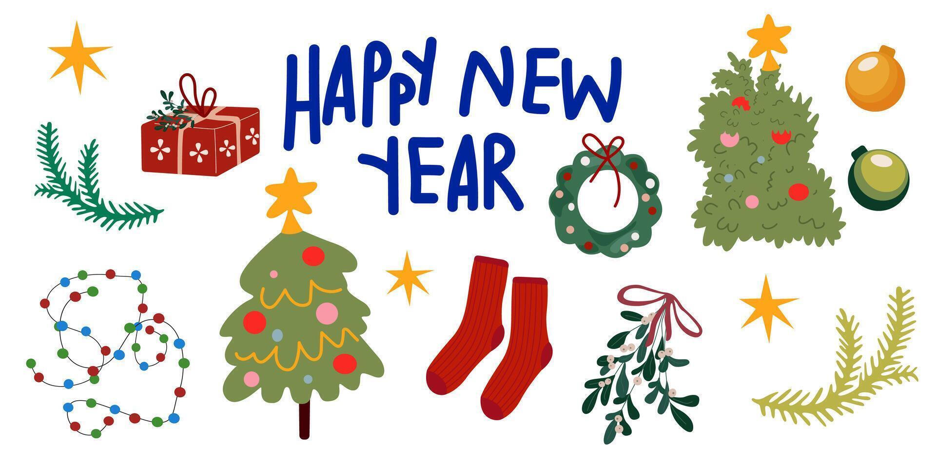 Merry Christmas and Happy New Year flat elements. Christmas wreath, set of various Christmas trees, toys and gifts. Winter holiday vector