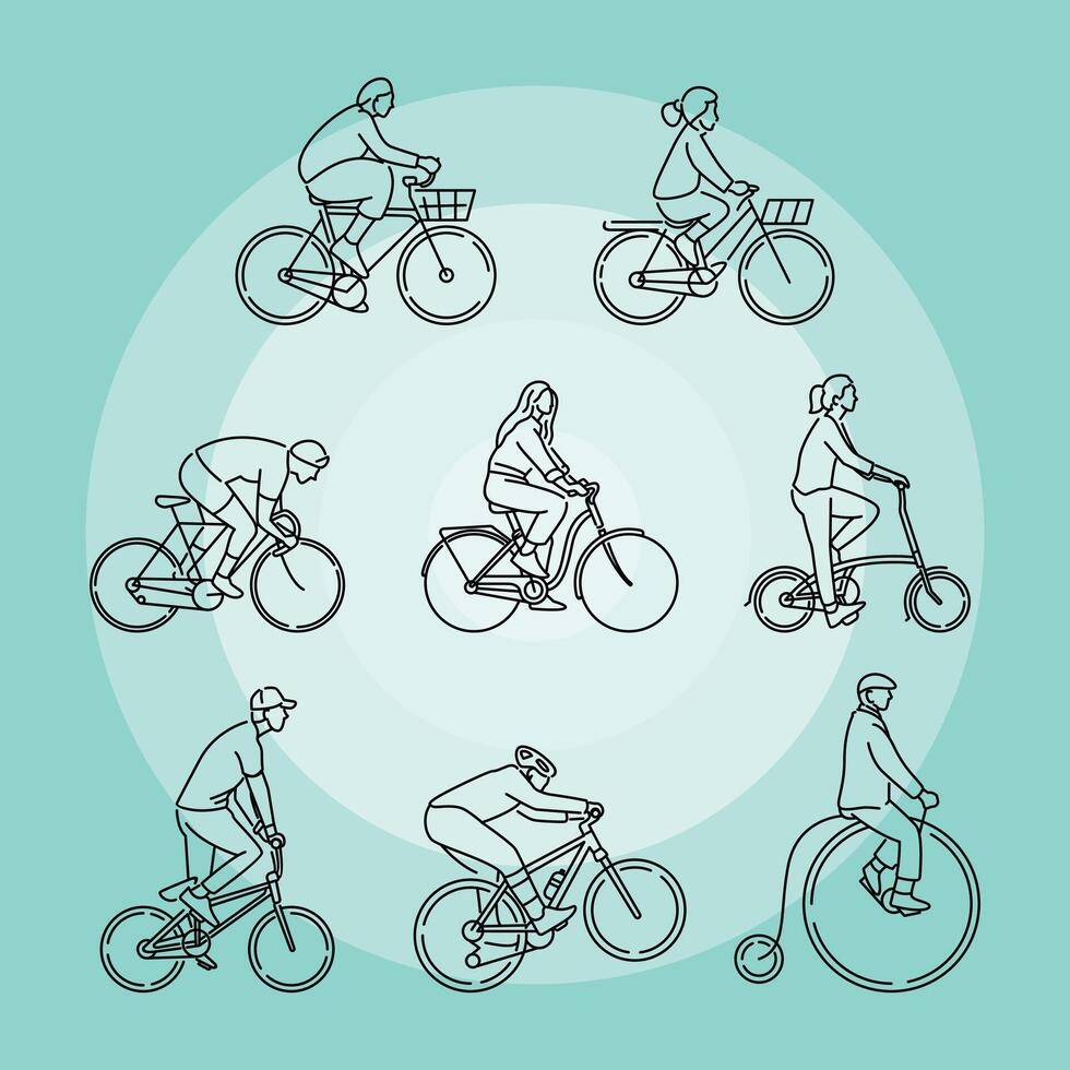 Various Types of Biker with Bicycles Monoline Collection vector
