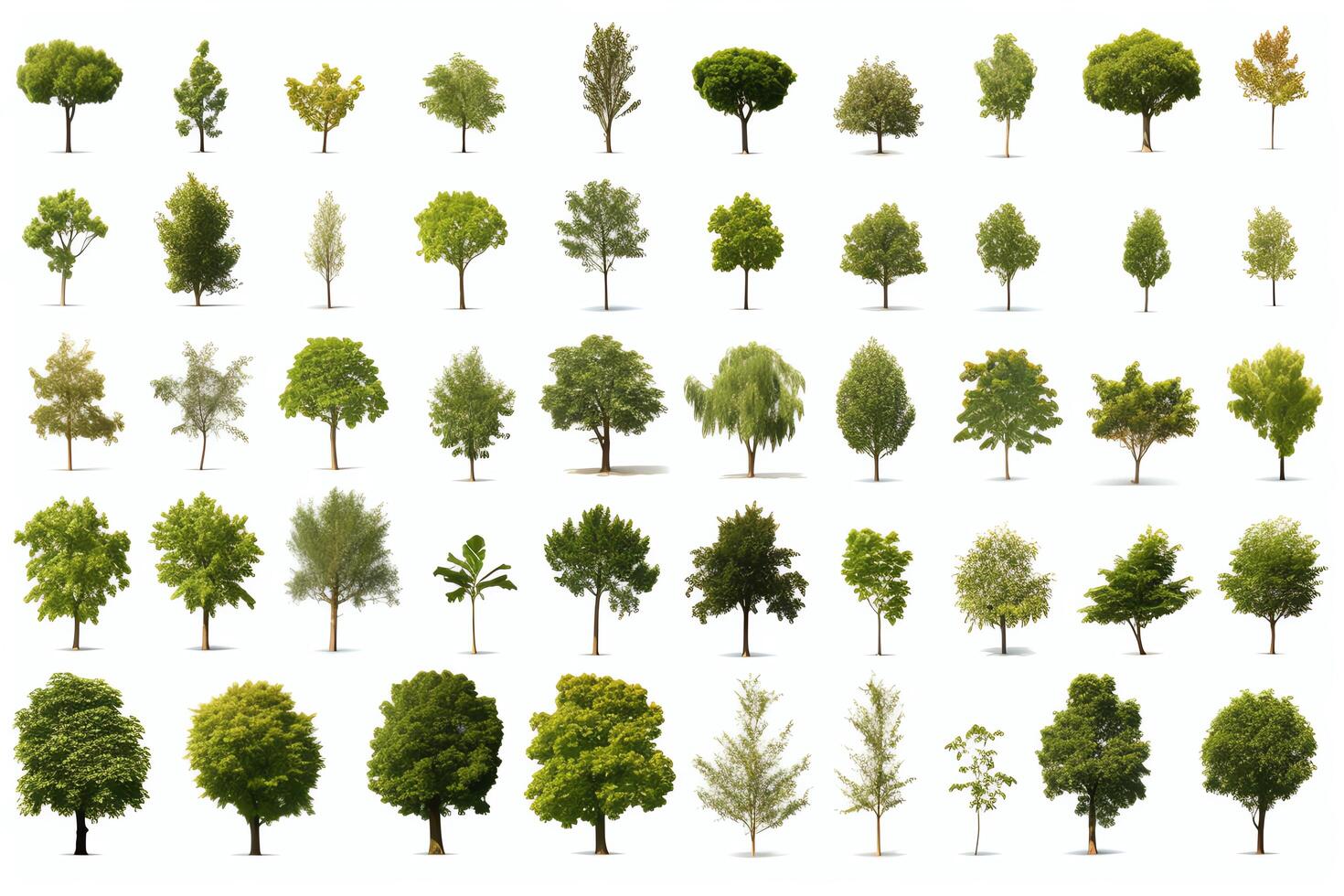 A collection of various types of trees, all rendered in a realistic style. The trees are all different heights and widths, and have different types of leaves. photo