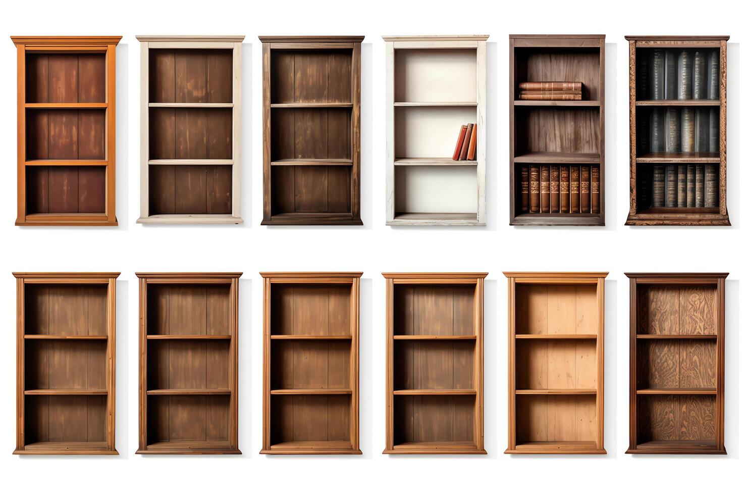 Selection of bookcases, each image perfectly isolated on white, ideal for home offices and living room designs in promotional materials photo