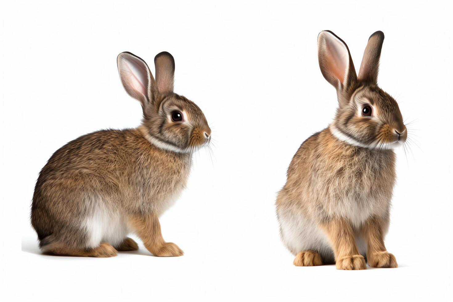 Two rabbits, one facing left and the other facing right, isolated on a white background. photo