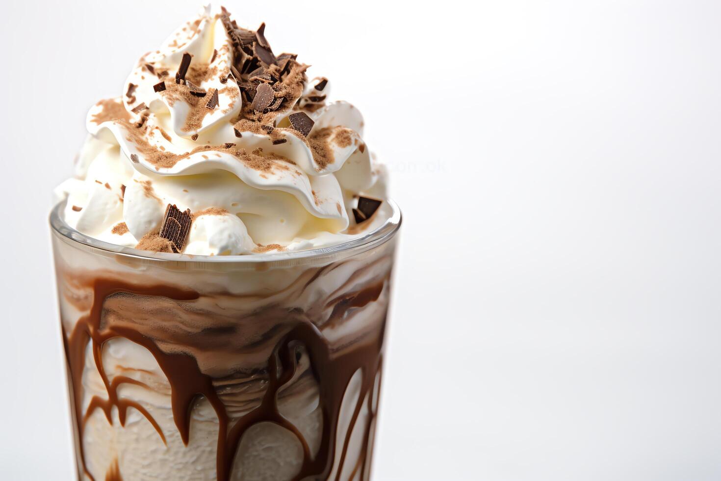 A decadent, creamy, chocolate milkshake topped with whipped cream and chocolate shavings. photo