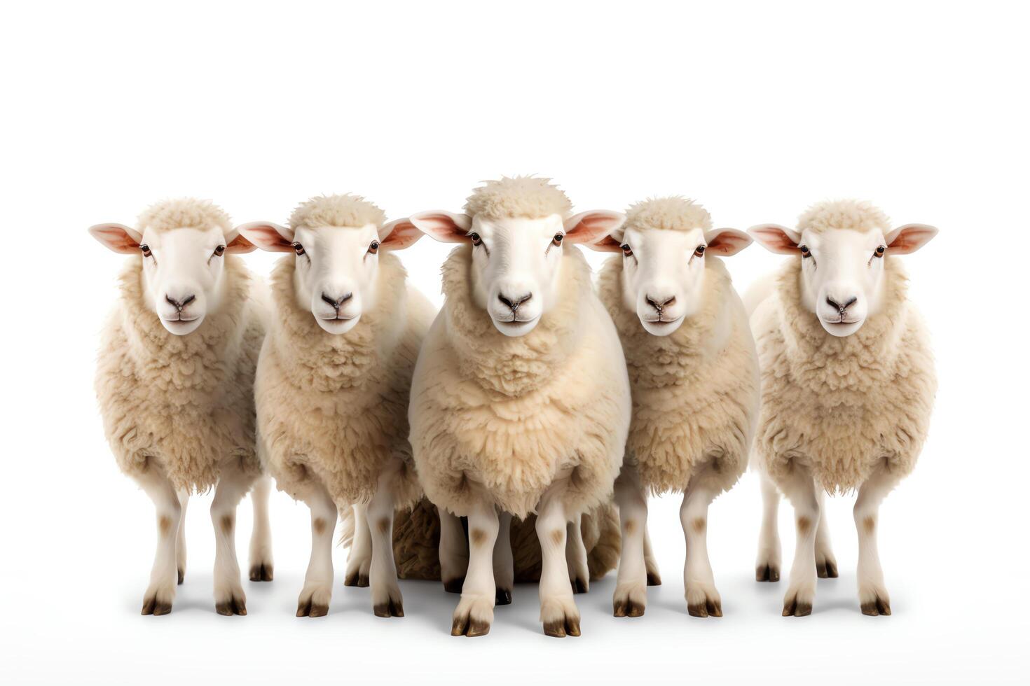 A group of sheep standing in front of a white background photo