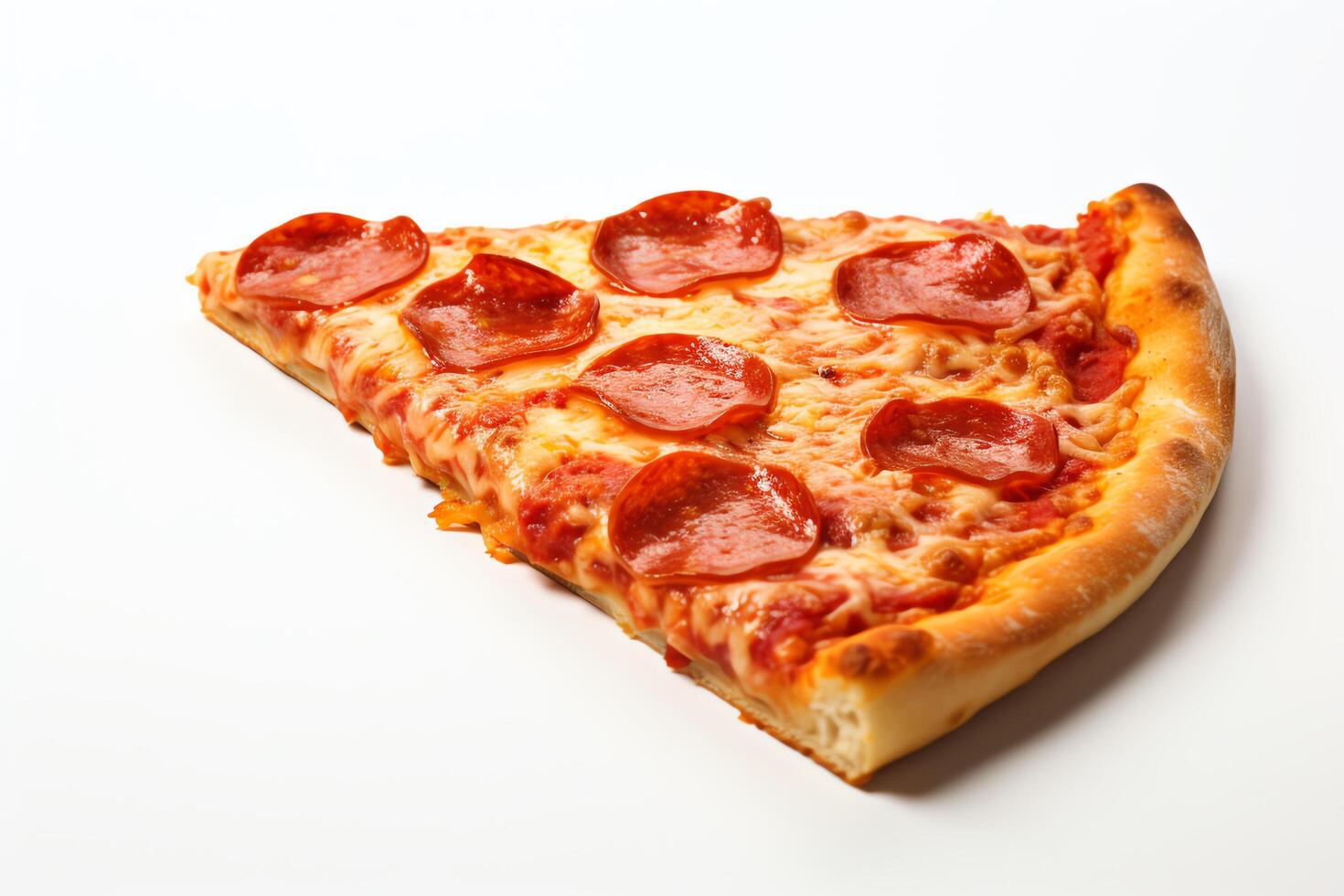 A slice of pizza with pepperoni, mozzarella cheese, and tomato sauce. The pizza is on a white background. photo
