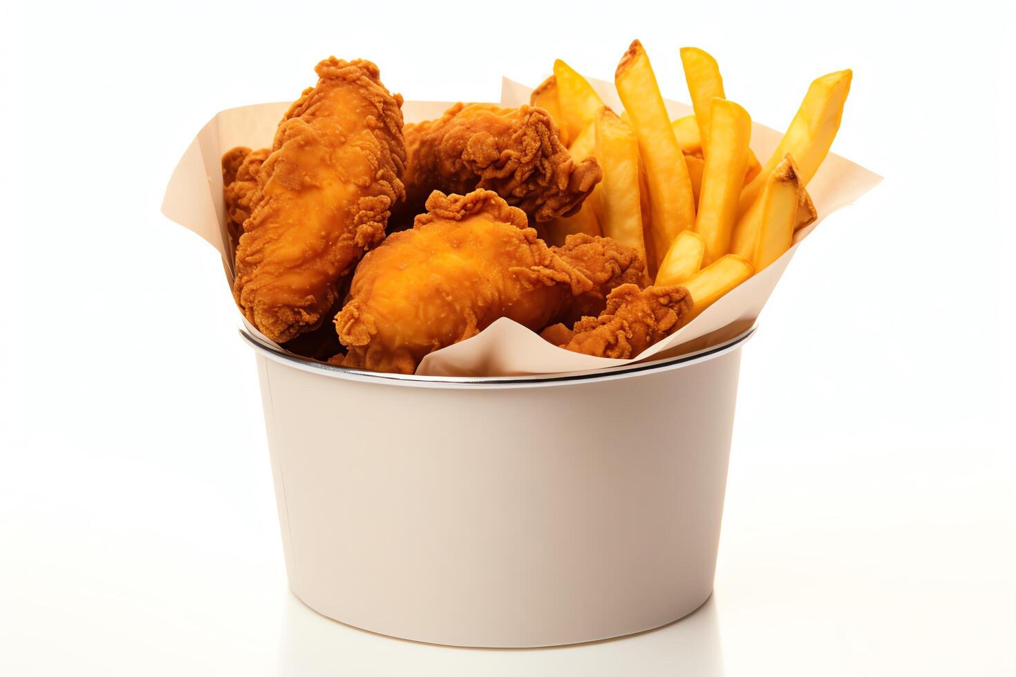 A bucket of fried chicken and french fries photo