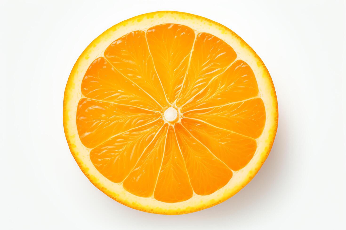 A cross-section of an orange reveals the juicy, segmented interior of the fruit. photo