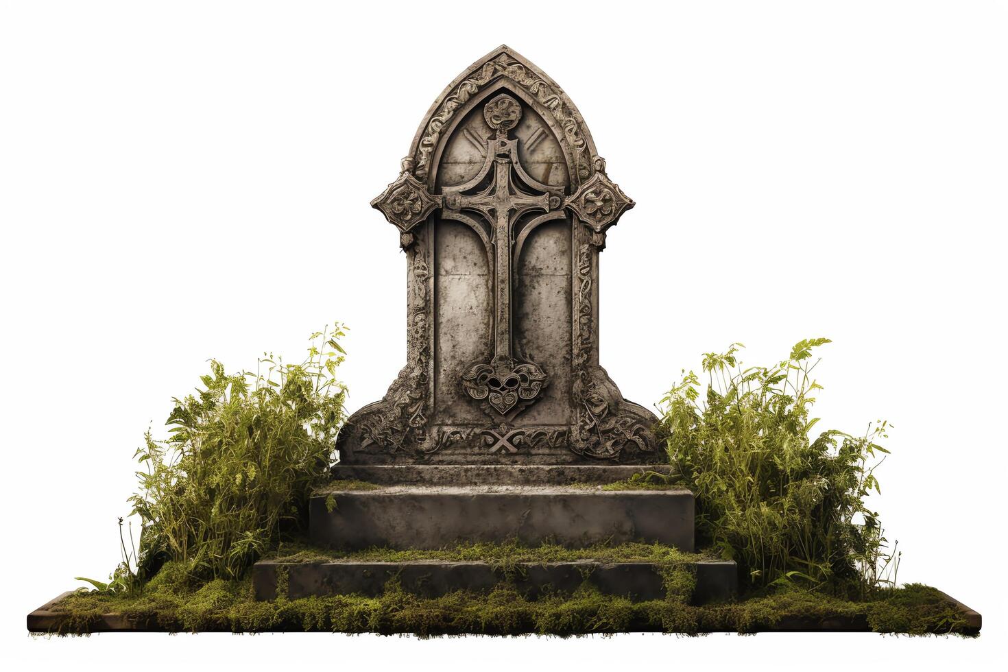 A stands in a overgrown cemetery. The is made of gray stone and has a cross on the front. The is surrounded by tall grass and weeds. photo