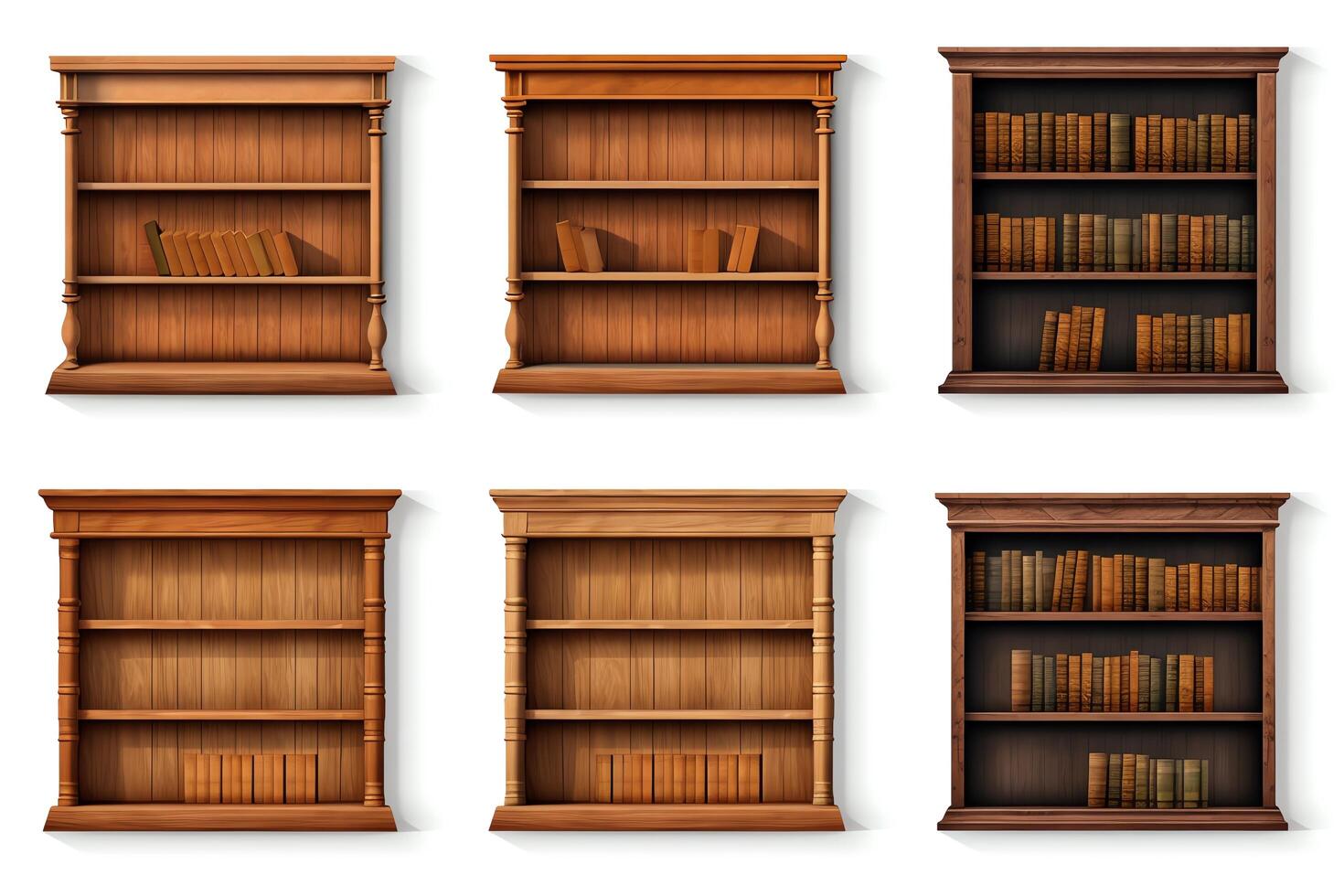 Selection of bookcases, each image perfectly isolated on white, ideal for home offices and living room designs in promotional materials photo