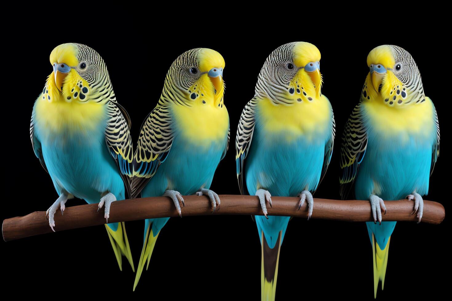 Four colorful budgerigars perched on a branch, isolated on a black background. photo