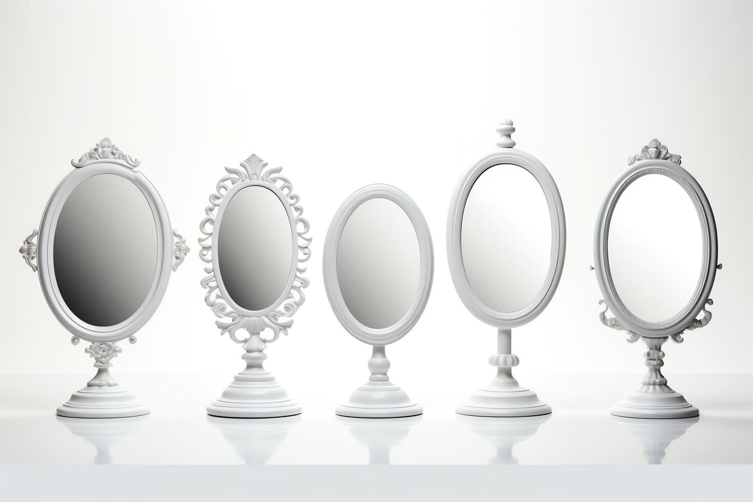 Vanity mirrors in various designs, each image meticulously isolated on white, perfect for bathrooms and dressing areas photo