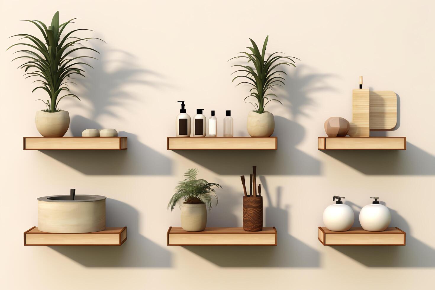 Bathroom shelves in different styles, each presented in format, isolated on white, suitable for bathroom storage and organization photo