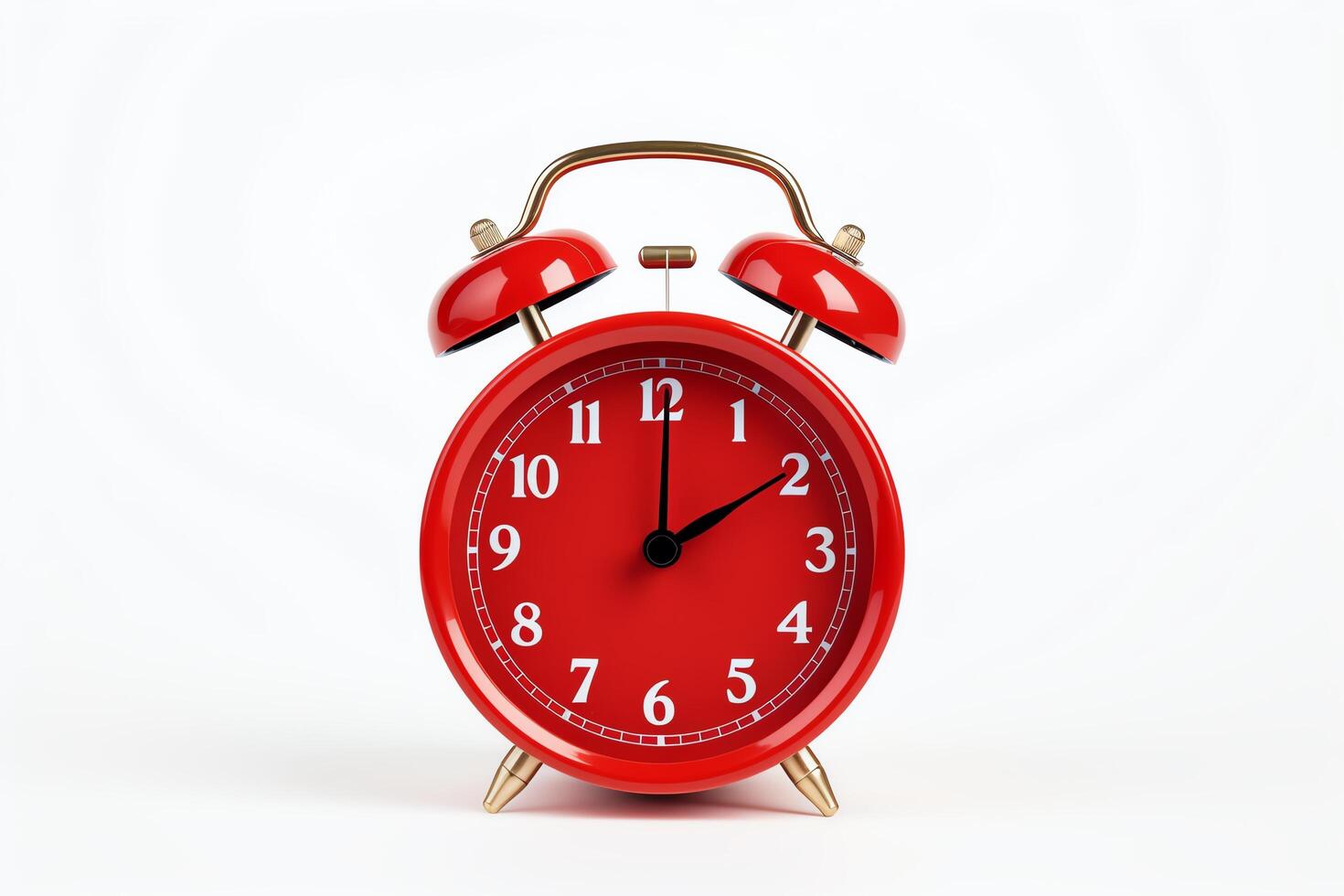 A red alarm clock is sitting on a white table. The alarm clock is set photo