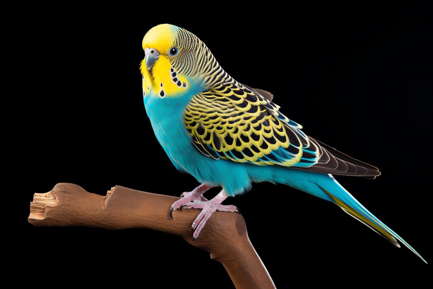 A beautiful blue and yellow budgie perched on a branch. The bird is looking at the camera with its head cocked to one side. The background is black. photo