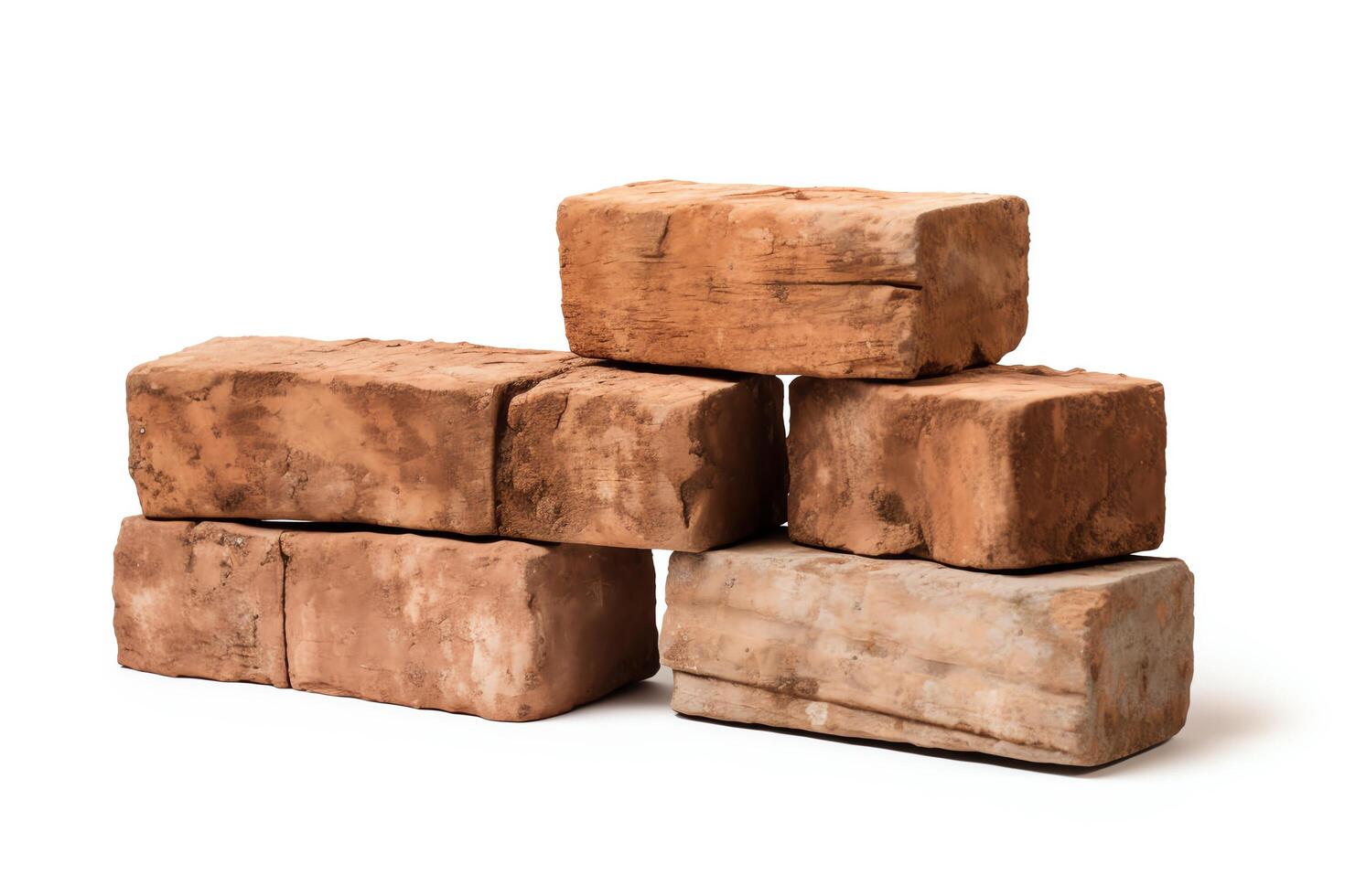 A stack of six red bricks. The bricks are old and weathered, with a rough texture. The bricks are stacked in a haphazard manner, with no discernible pattern. photo