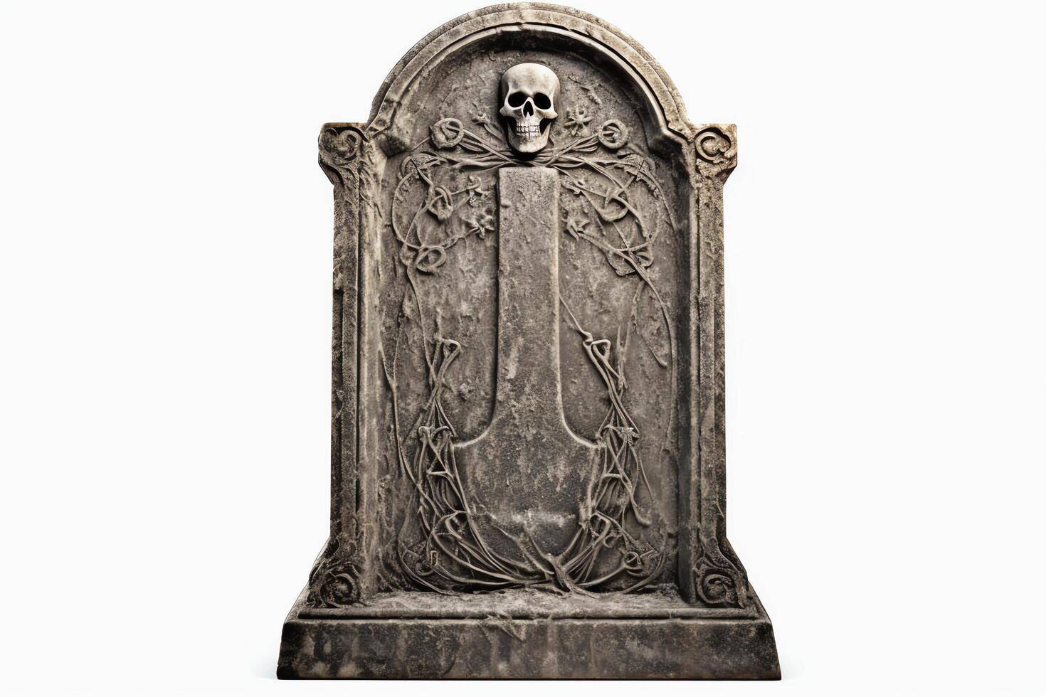 A weathered tombstone stands in a overgrown cemetery. The skull and crossbones etched into the stone are a reminder of the mortality. photo