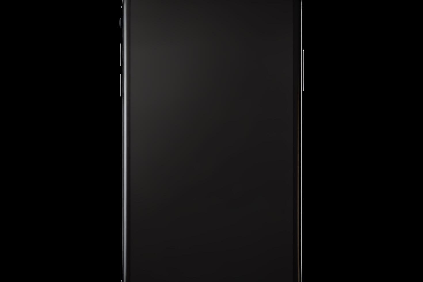 Generate a photo of a black phone with a blank screen. The phone should be placed in the center of a black background. The phone should be in portrait orientation.