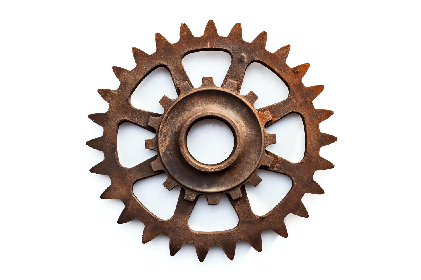 A closeup of a gear made of metal with a rustic brown color. photo