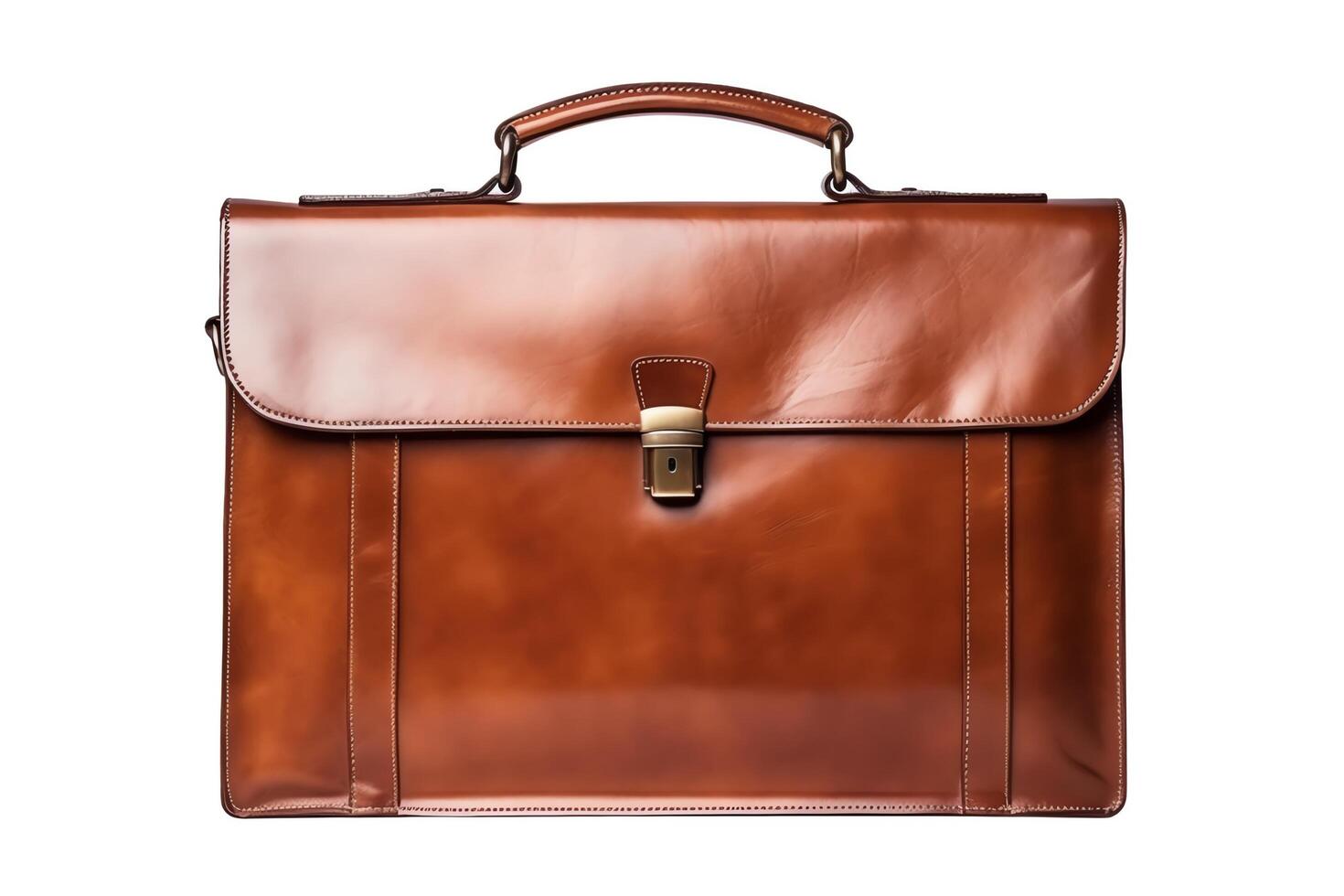 A brown leather briefcase is sitting on a white background. The briefcase is closed and has a handle and two locks. photo