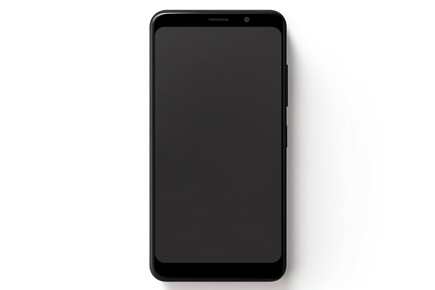 Latest model smartphone, sleek black design, displayed frontally, isolated on a white background, format, suitable for tech reviews. photo