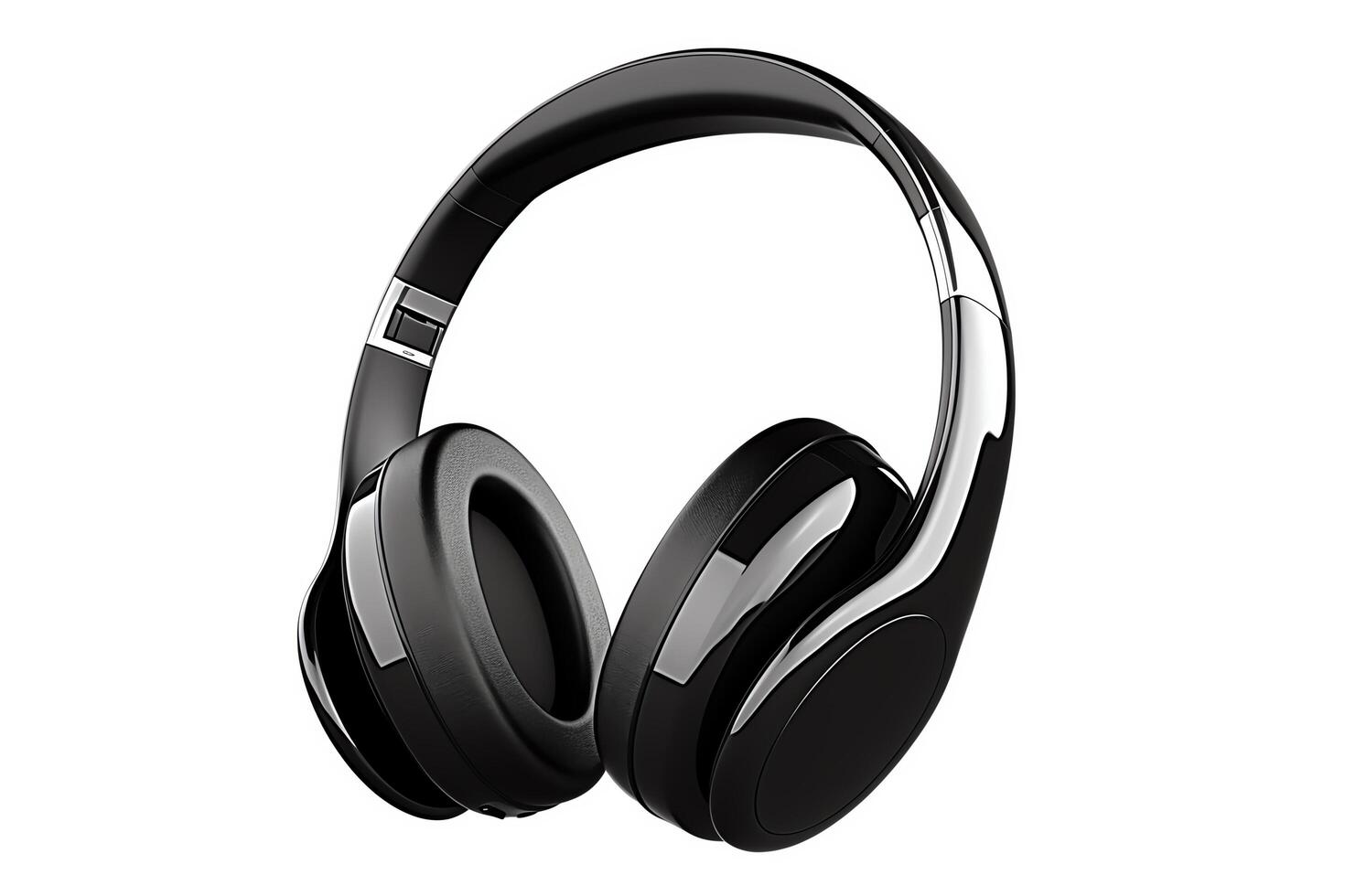 Highend wireless headphones, sleek black design, viewed from the side, isolated on a white background, format for clear detailing. photo