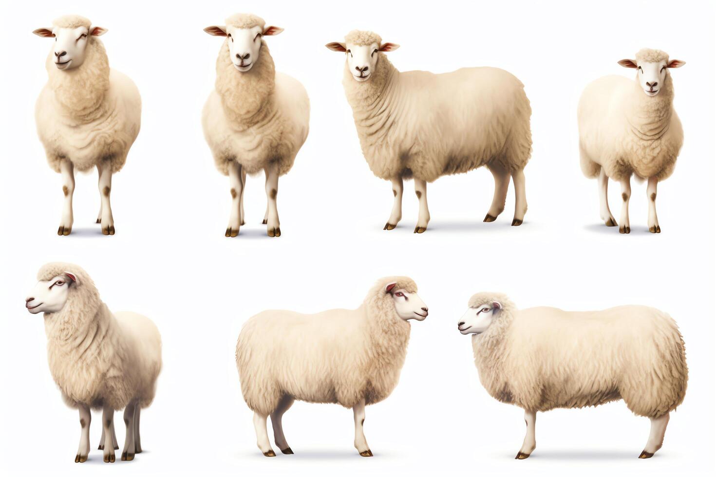 A set of six realistic illustrations of sheep in different poses photo