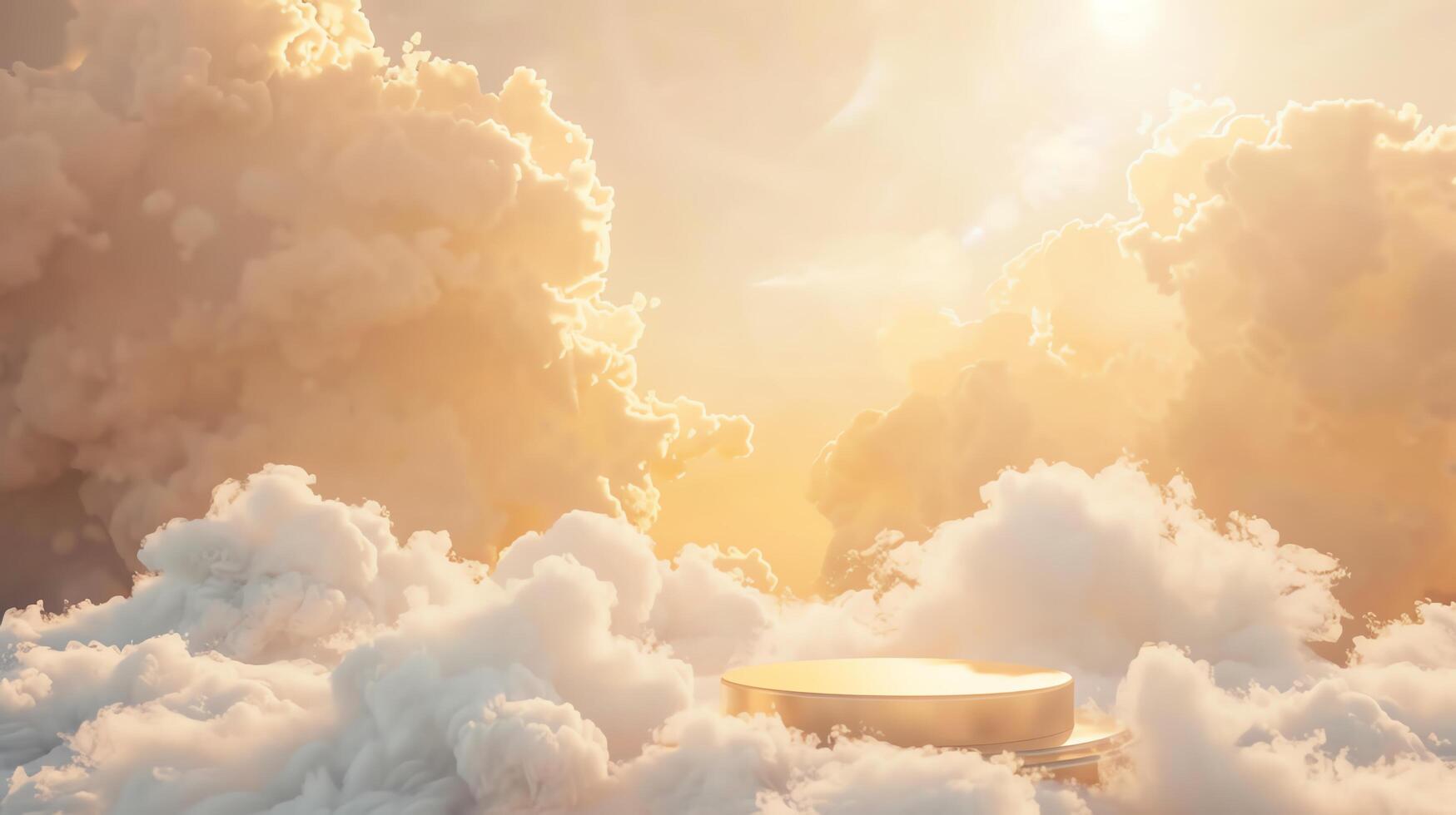 Golden platform in the clouds with sun rays. photo
