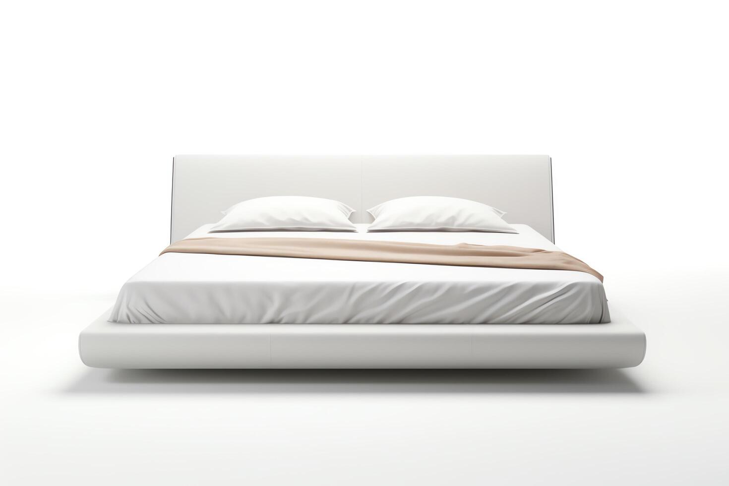 Create a photorealistic image of a minimal bed frame with pillows, sheets, and a blanket. The bed is white and the background is white. The bed is in the center of the image. photo
