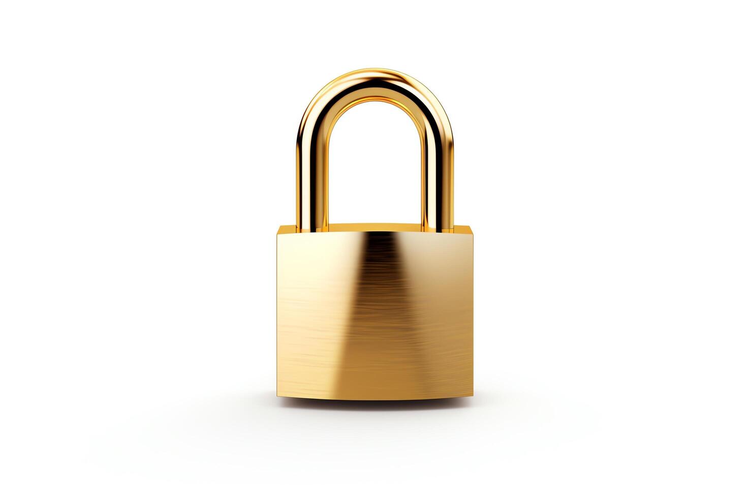 A gold padlock on a white background. The padlock is closed and locked. photo