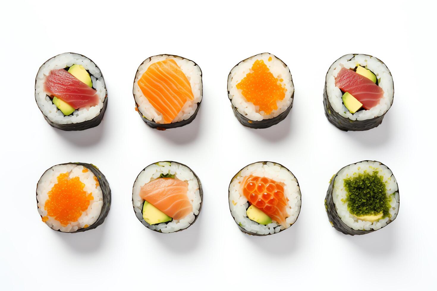An assortment of delicious sushi rolls, perfect for a party or a quick and easy meal. photo