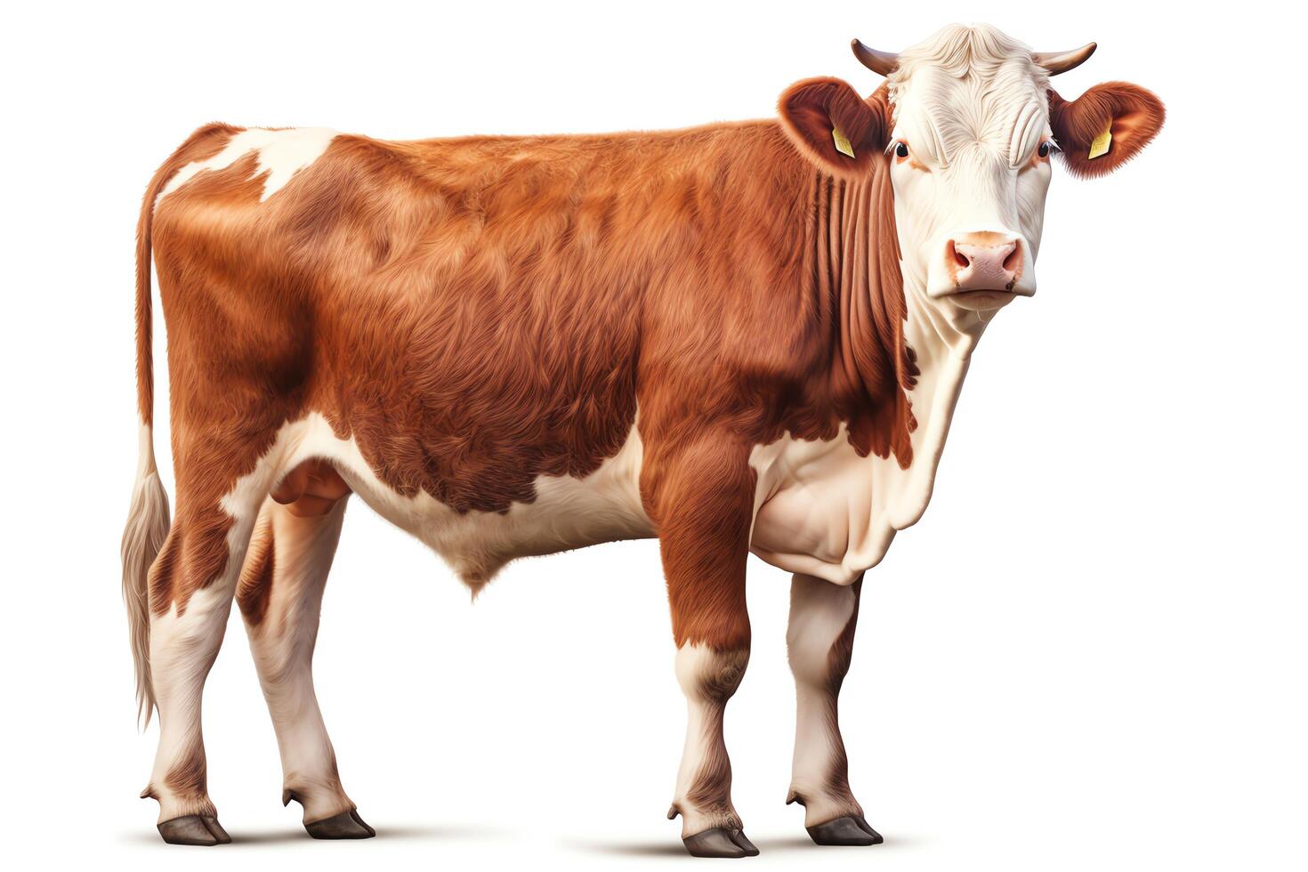 A photo of a cow standing on a white background. The cow is brown and white, with a large head and a long tail. It is looking at the camera with a curious expression.