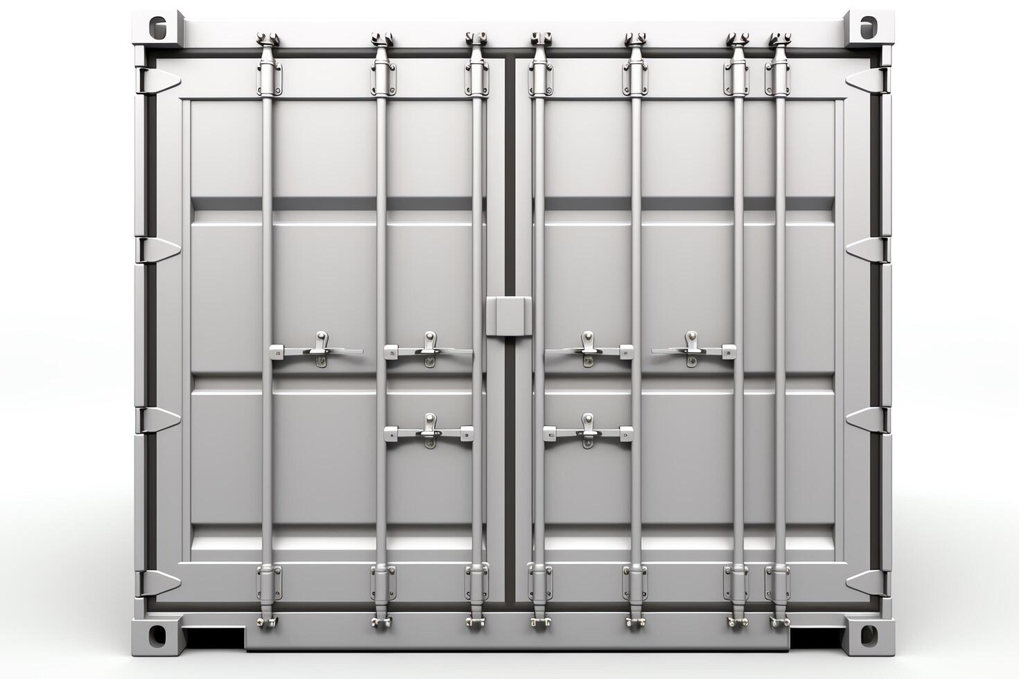 A gray metal shipping container is sitting on a white background. The container is closed and has two doors. photo