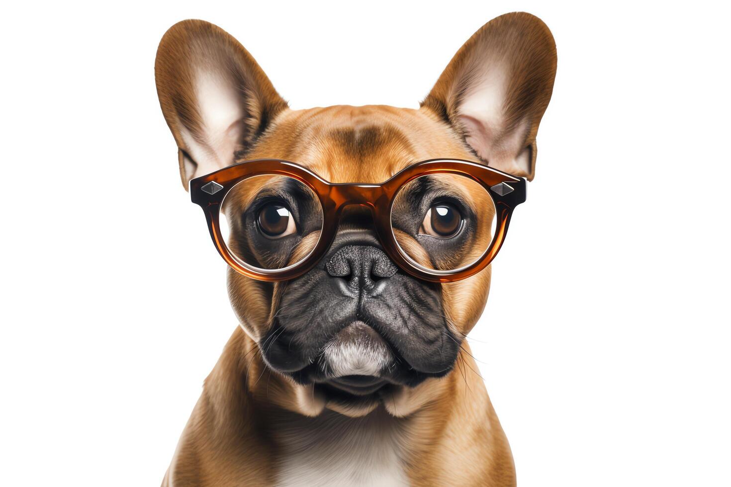 A closeup portrait of a French Bulldog wearing brown plastic-framed glasses. The dog is looking directly at the camera with a curious expression. photo