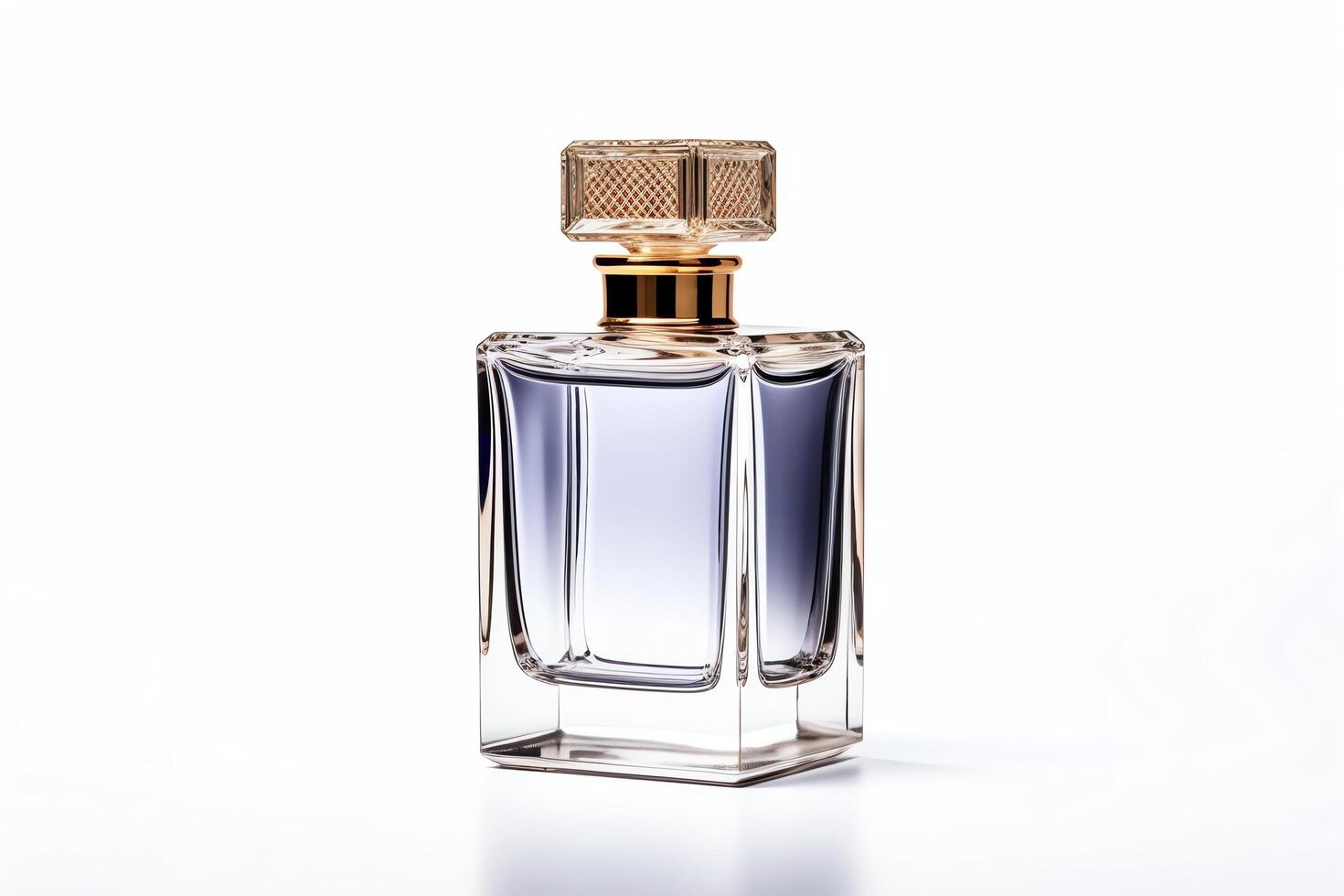 A 3D rendering of a blue and gray perfume bottle with a gold cap on a white background photo