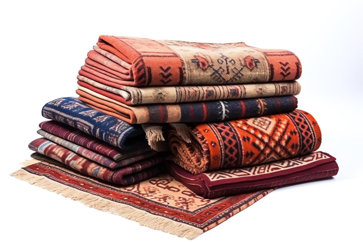 Assortment of rugs in different patterns and sizes, all cleanly isolated on white, suitable for home and office floor decor photo