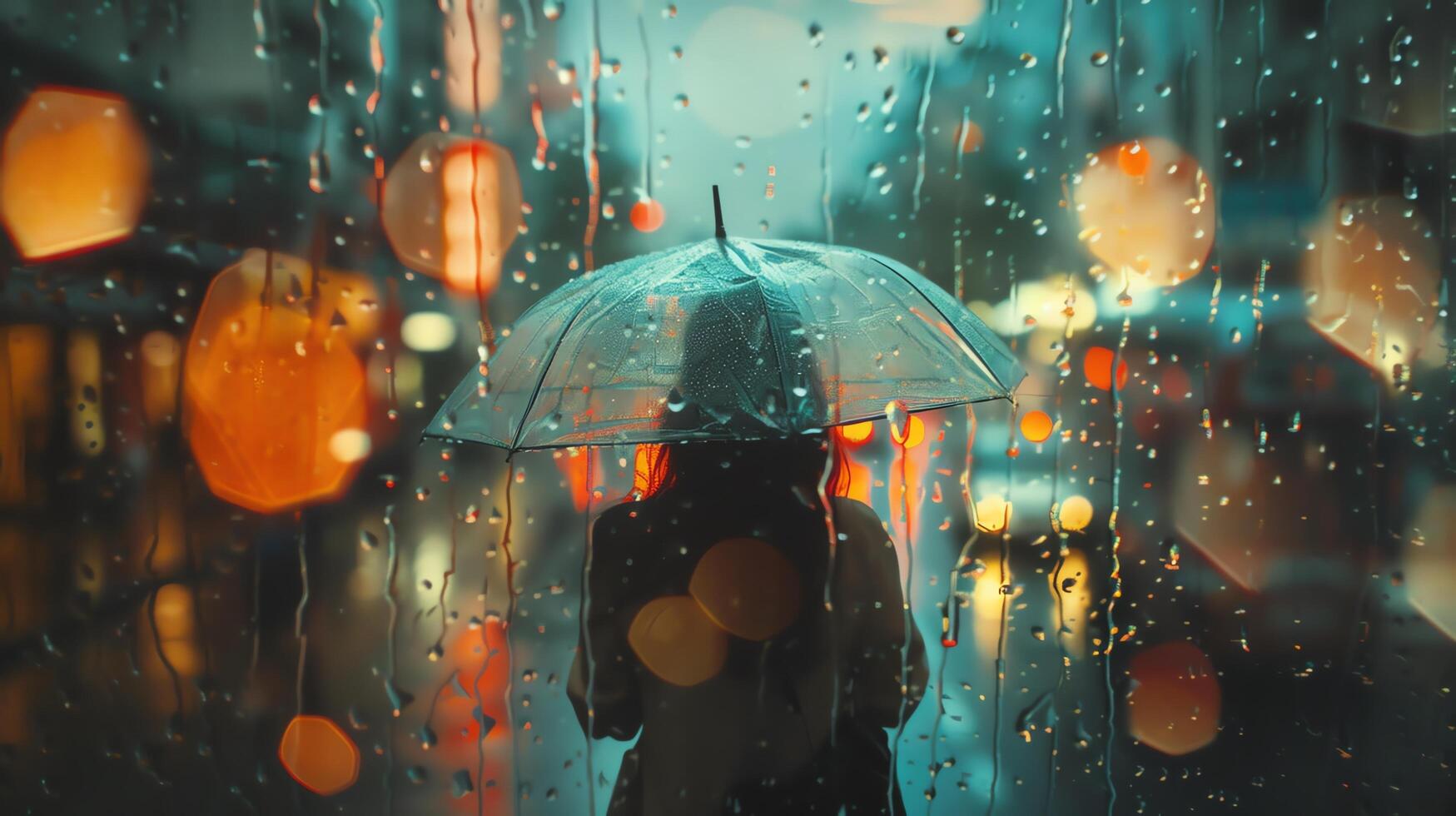 A woman stands in the rain, holding a clear umbrella. The city lights are reflected in the water droplets on the umbrella. photo