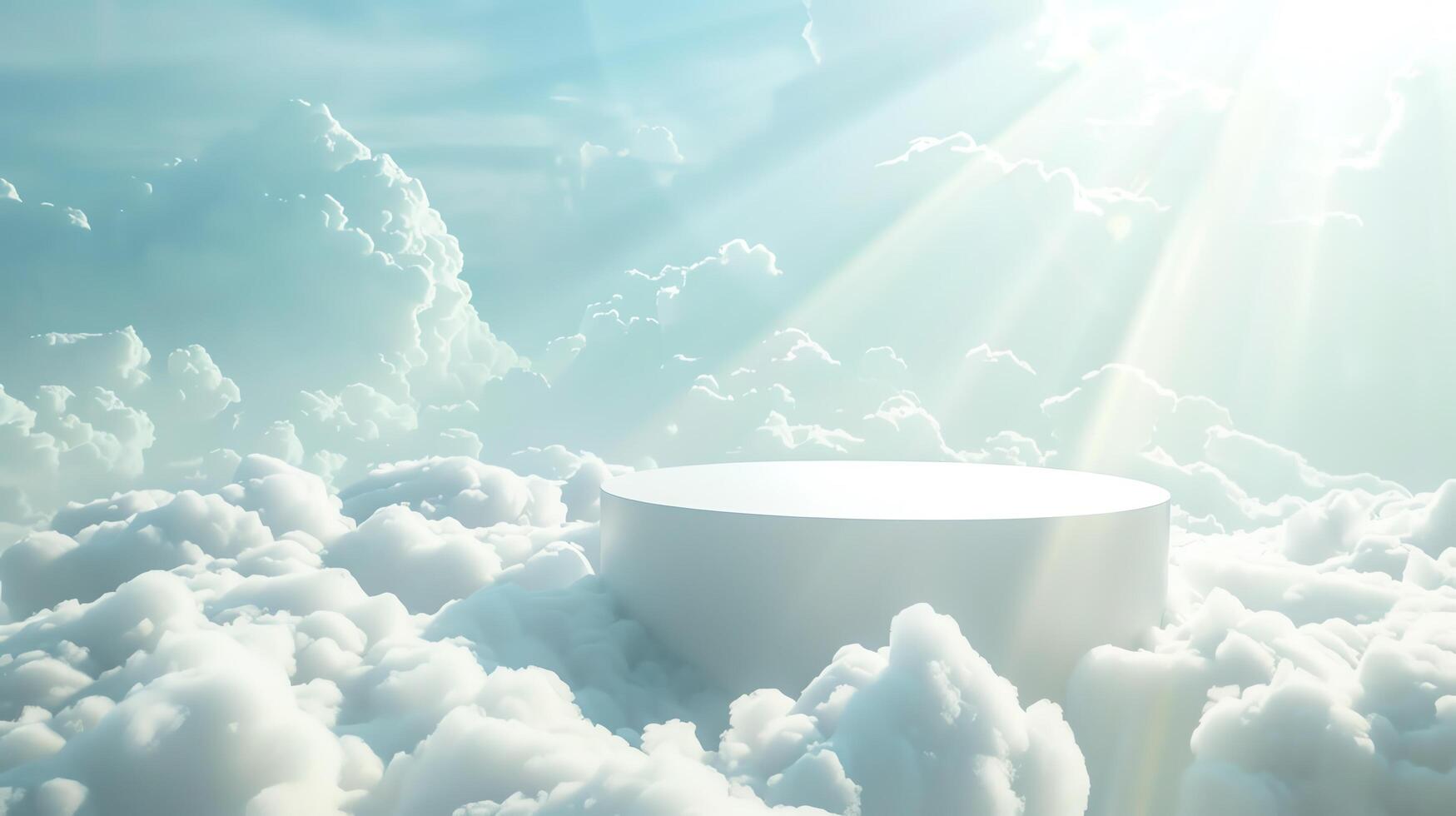 Empty podium floating in the clouds with sun rays shining through. photo