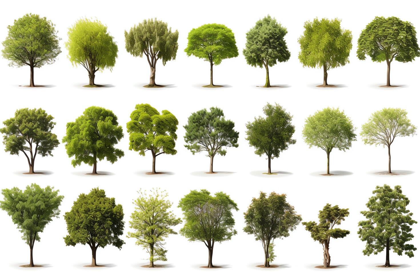 A collection of various types of trees, all rendered in a realistic style. The trees are all different heights and widths, and have different types of leaves. photo