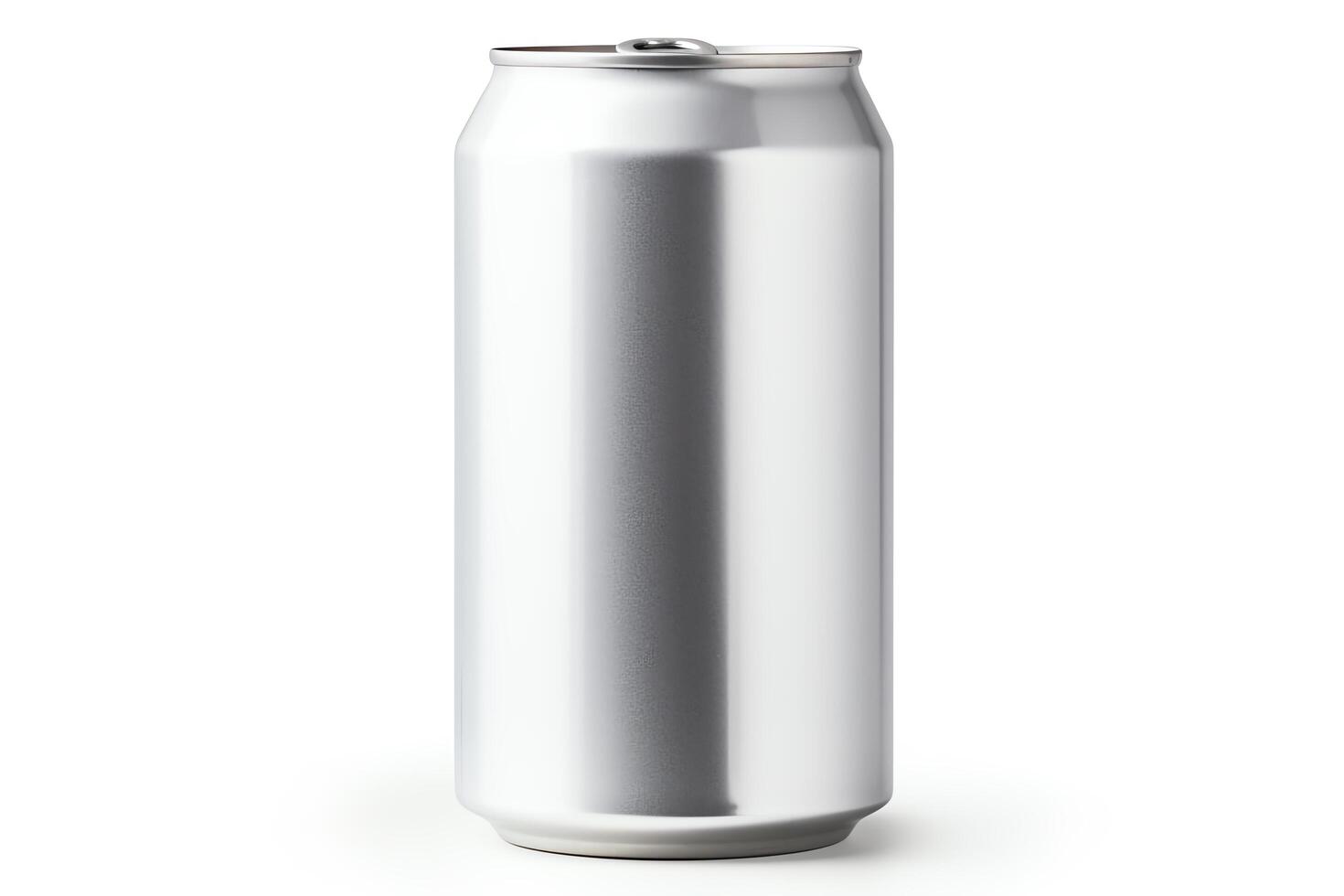 A sleek silver aluminum can with a pull tab. The can is plain and has no label. It is sitting on a white background. photo