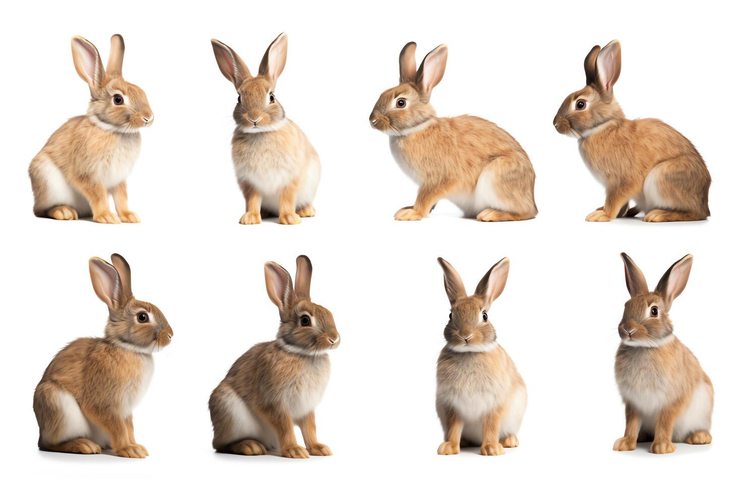 A collection of eight adorable bunnies, each with their own unique pose and expression. These bunnies are sure to bring a smile to your face. photo