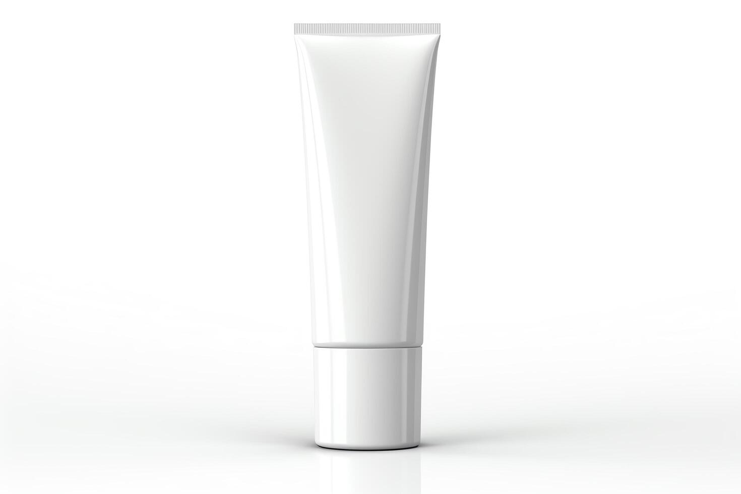 Generate a photorealistic image of a blank white squeeze tube. The tube should be about 5 inches tall and have a shiny finish. The background should be a soft grey. photo