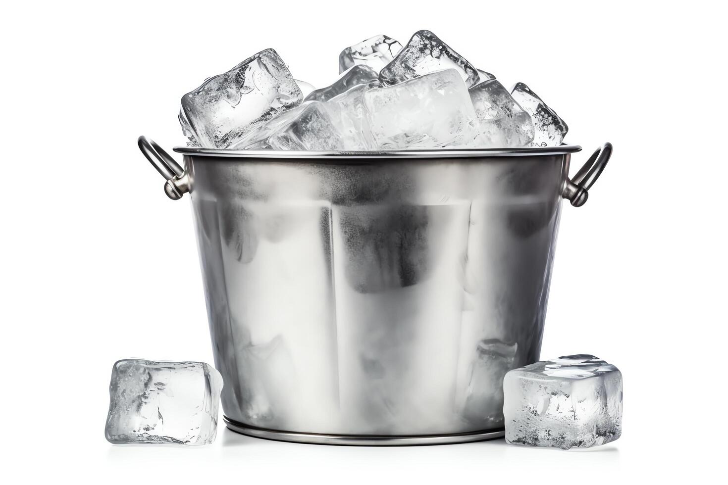 A silver ice bucket filled with ice cubes. photo